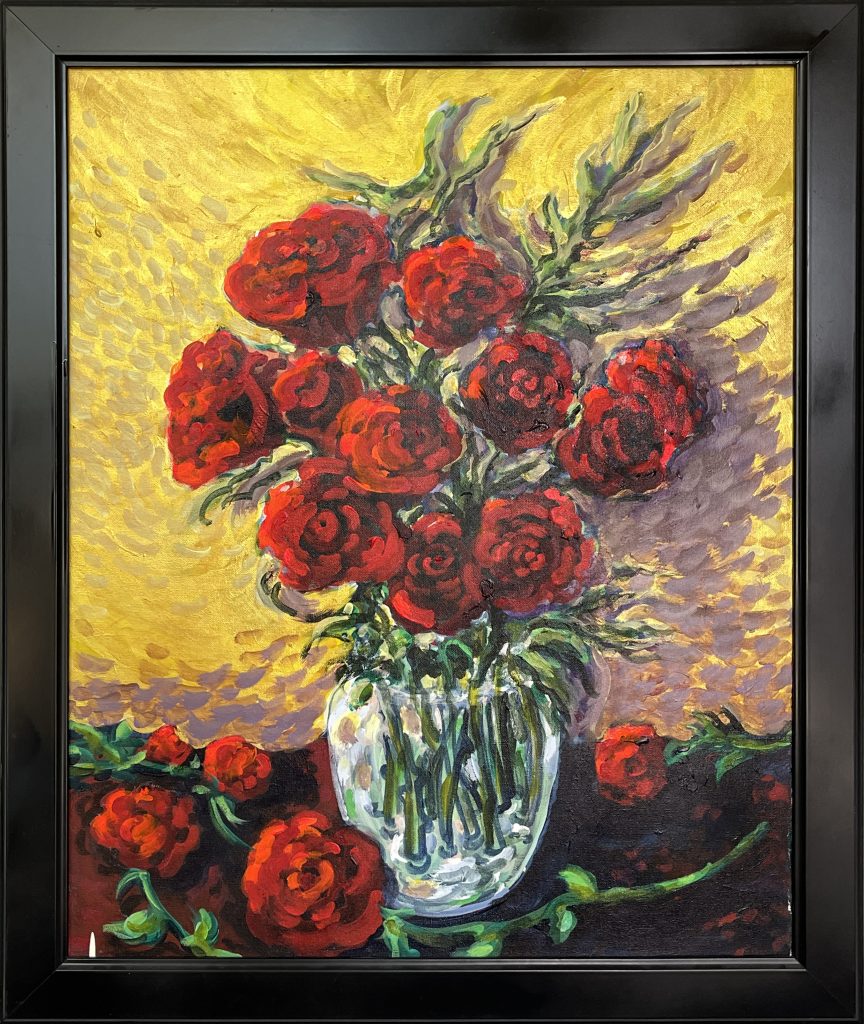 Red Roses On a Yellow Background - Acrylic Painting by Mary Lou Mullan